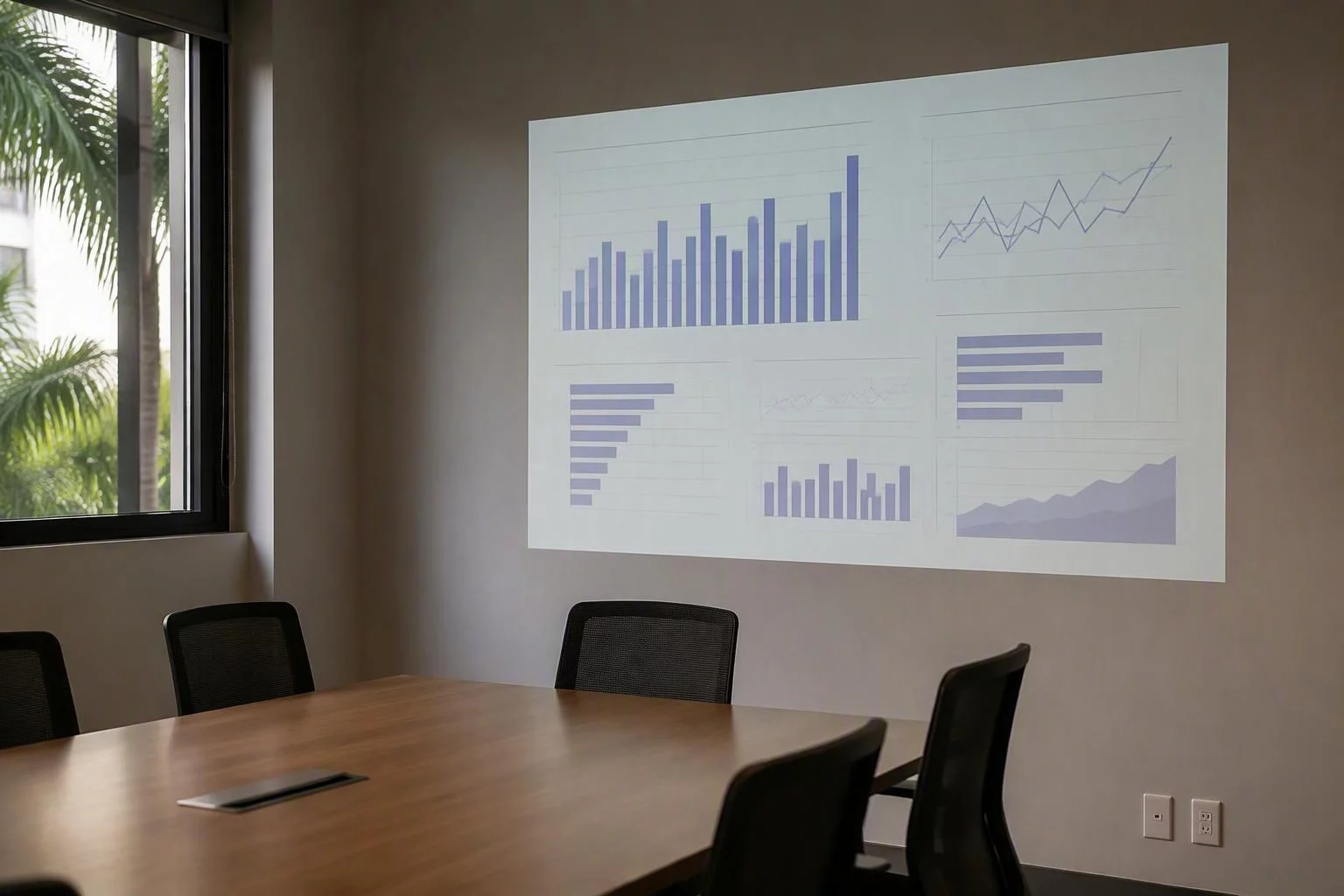 Painel de indicadores projetado na parede da sala de reunião