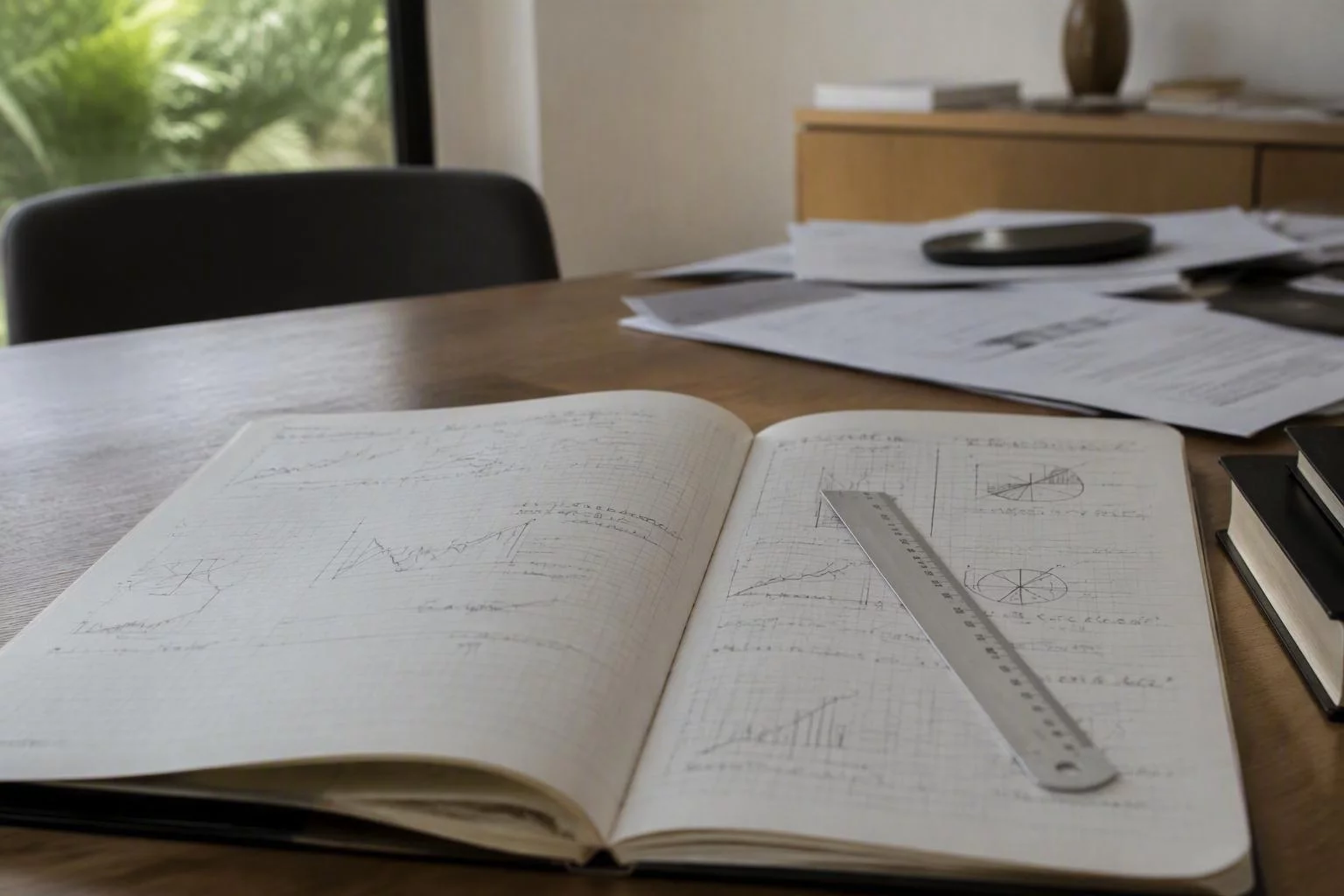 Caderno com rascunhos de gráficos e anotações de leitura