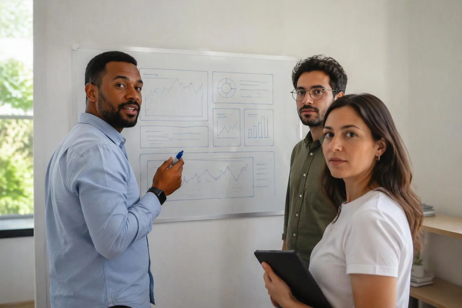 Equipe discutindo um quadro branco com o desenho dos painéis
